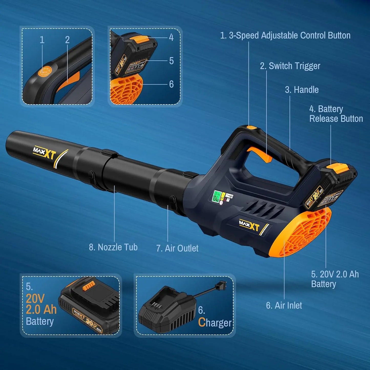 MAXXT 20V Cordless Brushless Leaf Blower - Unleash 360CFM Power with 200MPH Speed, 3 Adjustable Settings & 30-Minute Runtime for Effortless Outdoor Cleaning!